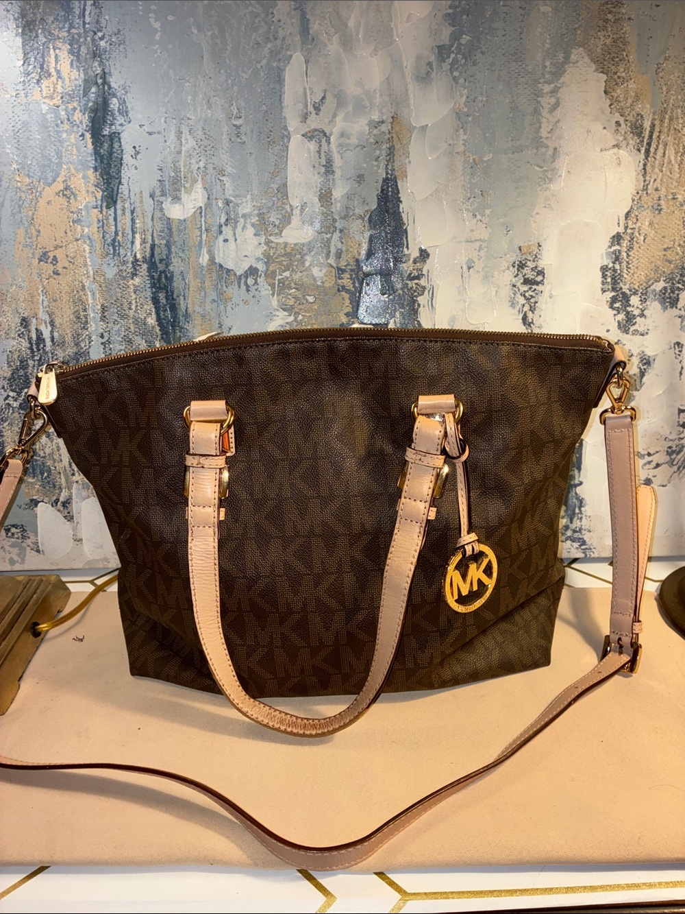 Genuine Michael Kors Brown Logo Tote with Pale Tan Trim